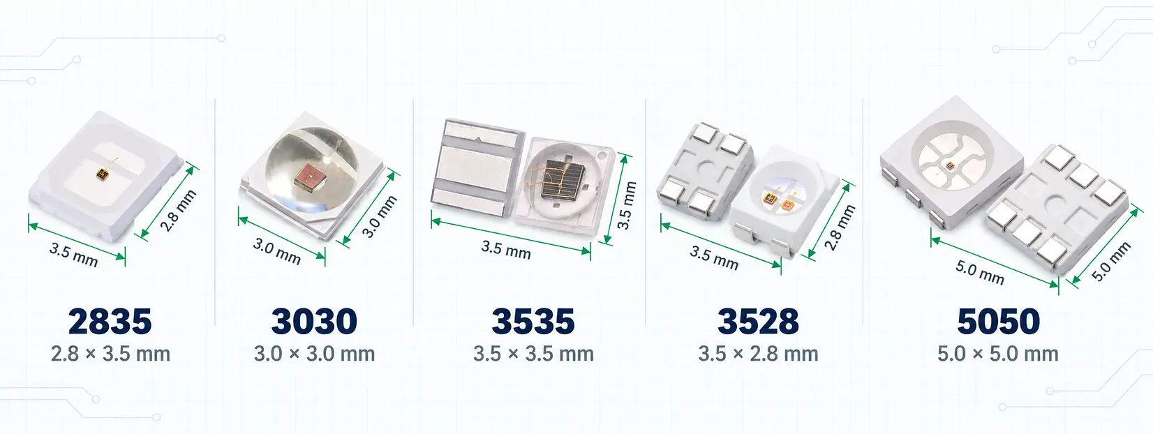 Top view dimensions of 2835, 3030, 3535, 5050 and 3528 SMD LED packages