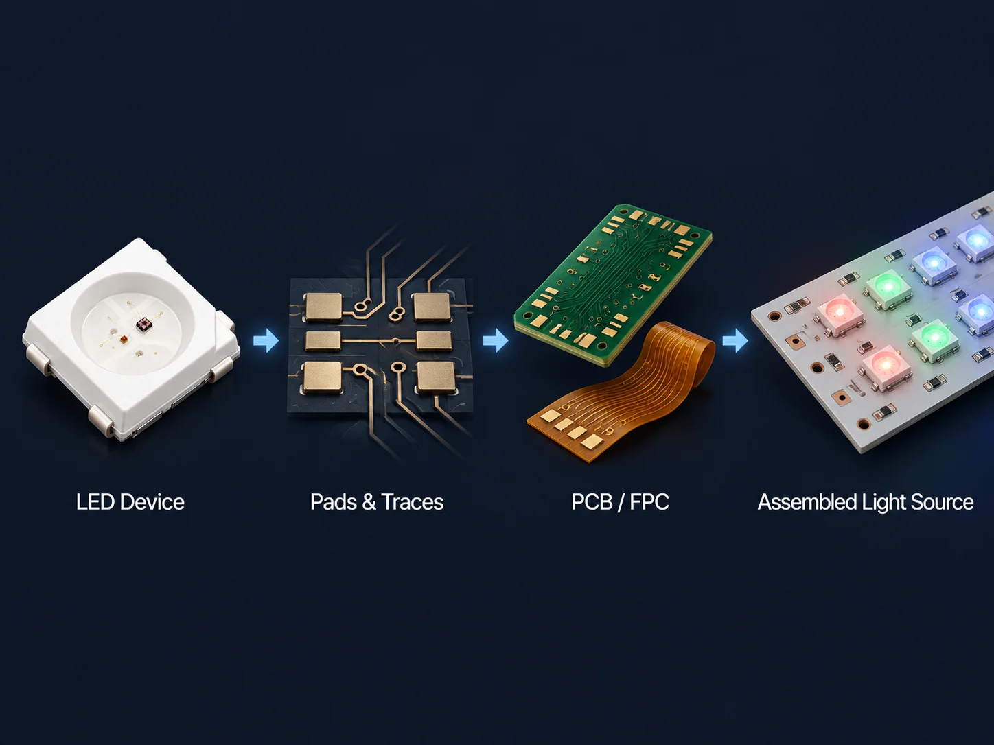RGB LED component to PCB assembly progression